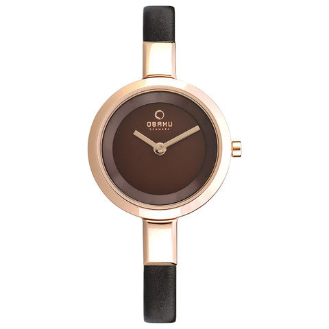Obaku Women's Watch V129 Analog White Dial Brown Leather Band 26mm Rose Gold Case