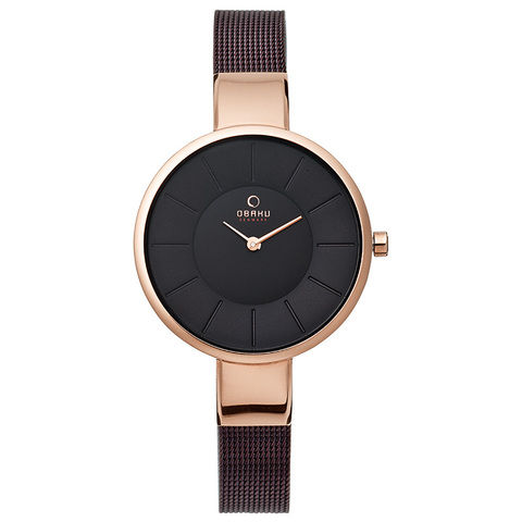 Obaku Women's Watch V149 Analog Brown Dial Brown Mesh Band 32mm Rose Gold Case