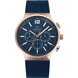 Obaku Men's Watch V180 Analog Blue Dial Blue Mesh Band 42mm Rose Gold Case