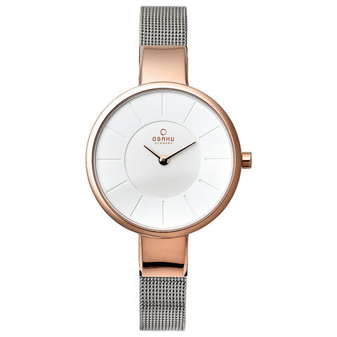 Obaku Women's Watch V149 Analog White Dial Silver Mesh Band 32mm Rose Gold Case