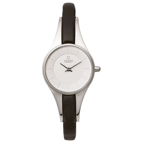 Obaku Women's Watch V110 Analog White Dial Black Leather Band 24mm Silver Case