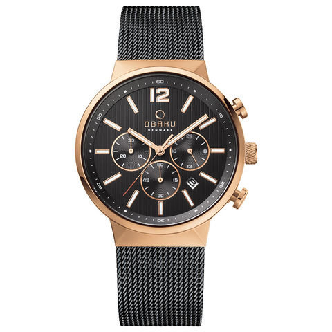 Obaku Men's Watch V180 Analog Black Dial Black Mesh Band 42mm Rose Gold Case