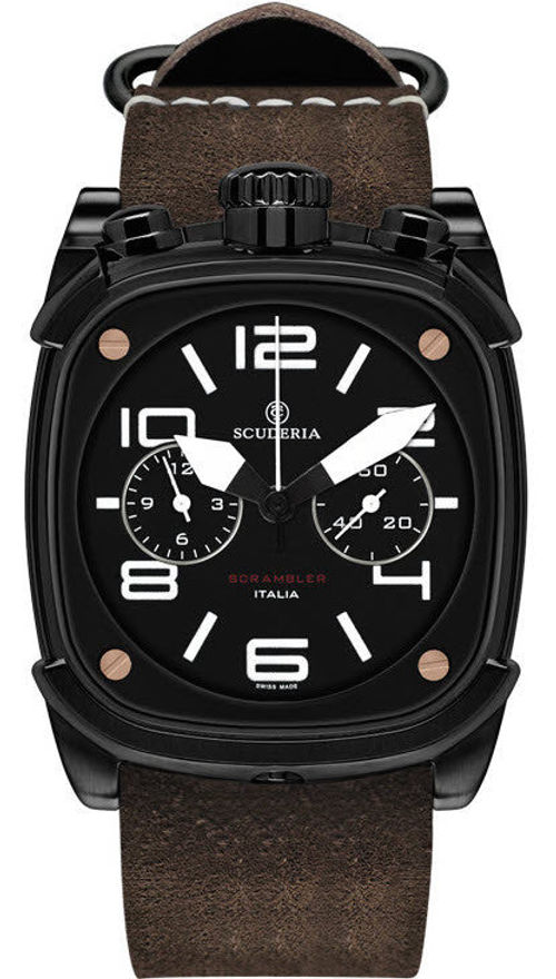 Ferrari Pilota Evo chronograph watch with steel case and leather strap Man  | Ferrari Store