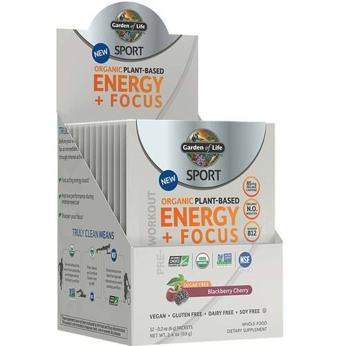 Garden of Life SPORT  Pre-Workout Energy Plus Focus Blackberry Cherry - Sugar-Free - 12 pack