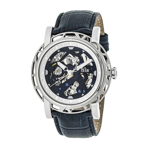 Reign Stavros Black Skeleton Dial Blue Leather Men's Watch RN3702 - Reign - Watches