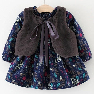 Floral Winter Dress with Fur Vest