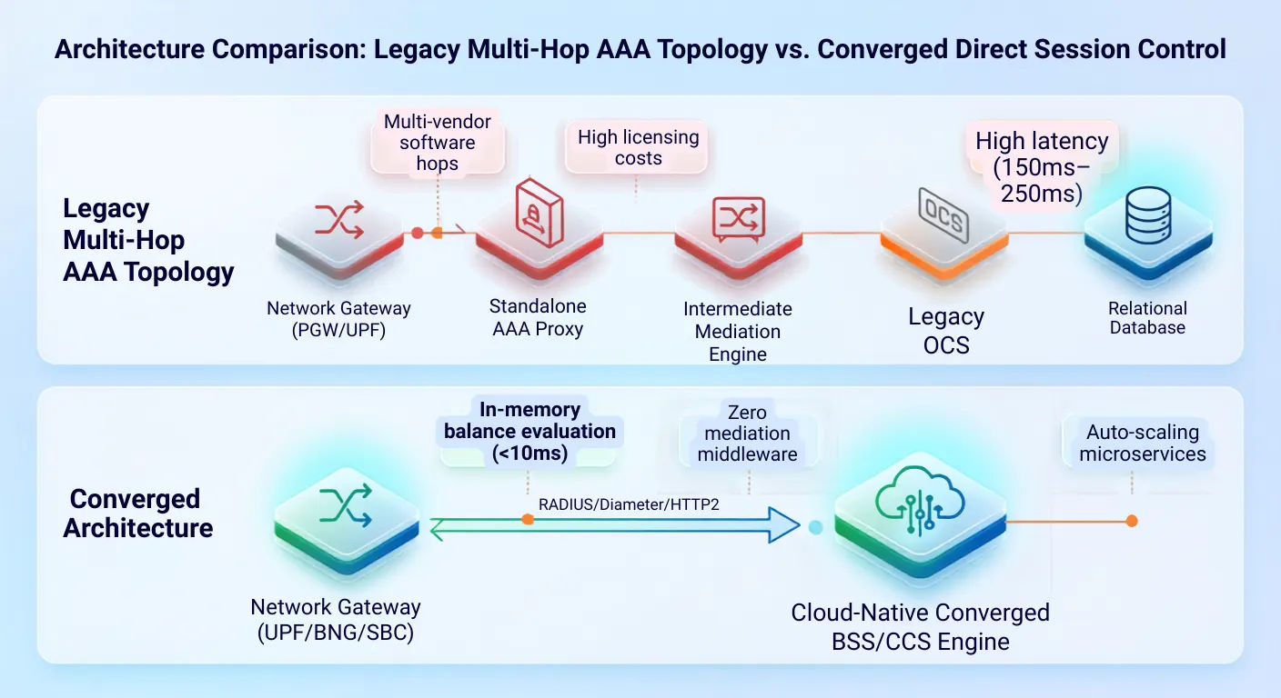 Architecture comparison: legacy multi-hop AAA topology with multi-vendor software hops, high licensing costs, and 150-250ms latency versus a converged cloud-native BSS/CCS engine with in-memory balance evaluation under 10ms and auto-scaling microservices