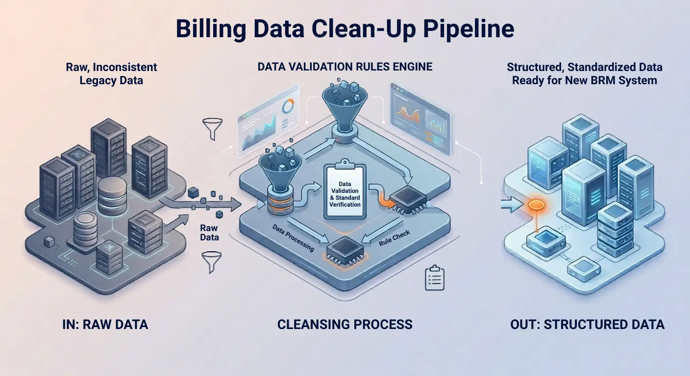 Billing data clean-up pipeline showing raw inconsistent legacy data flowing through data validation rules engine with data processing, rule checks, and standard verification to produce structured standardized data ready for new BRM system