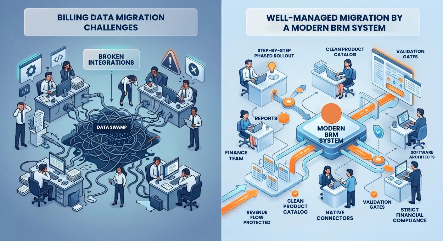 Billing data migration challenges versus well-managed migration by a modern BRM system showing data swamp, broken integrations, clean product catalog, validation gates, and native connectors