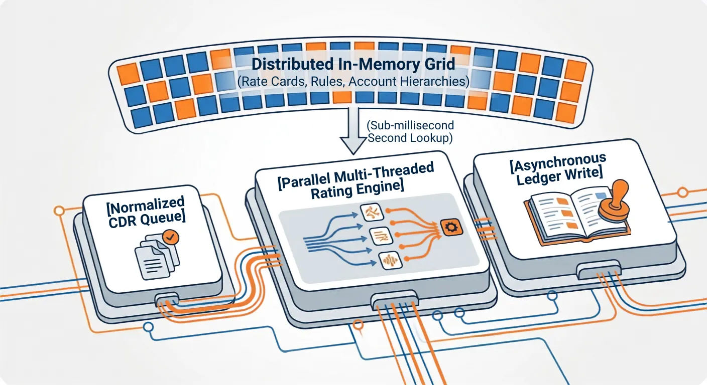 Distributed in-memory grid architecture for high-volume rating engine showing normalized CDR queue, parallel multi-threaded rating engine with sub-millisecond lookup, and asynchronous ledger write