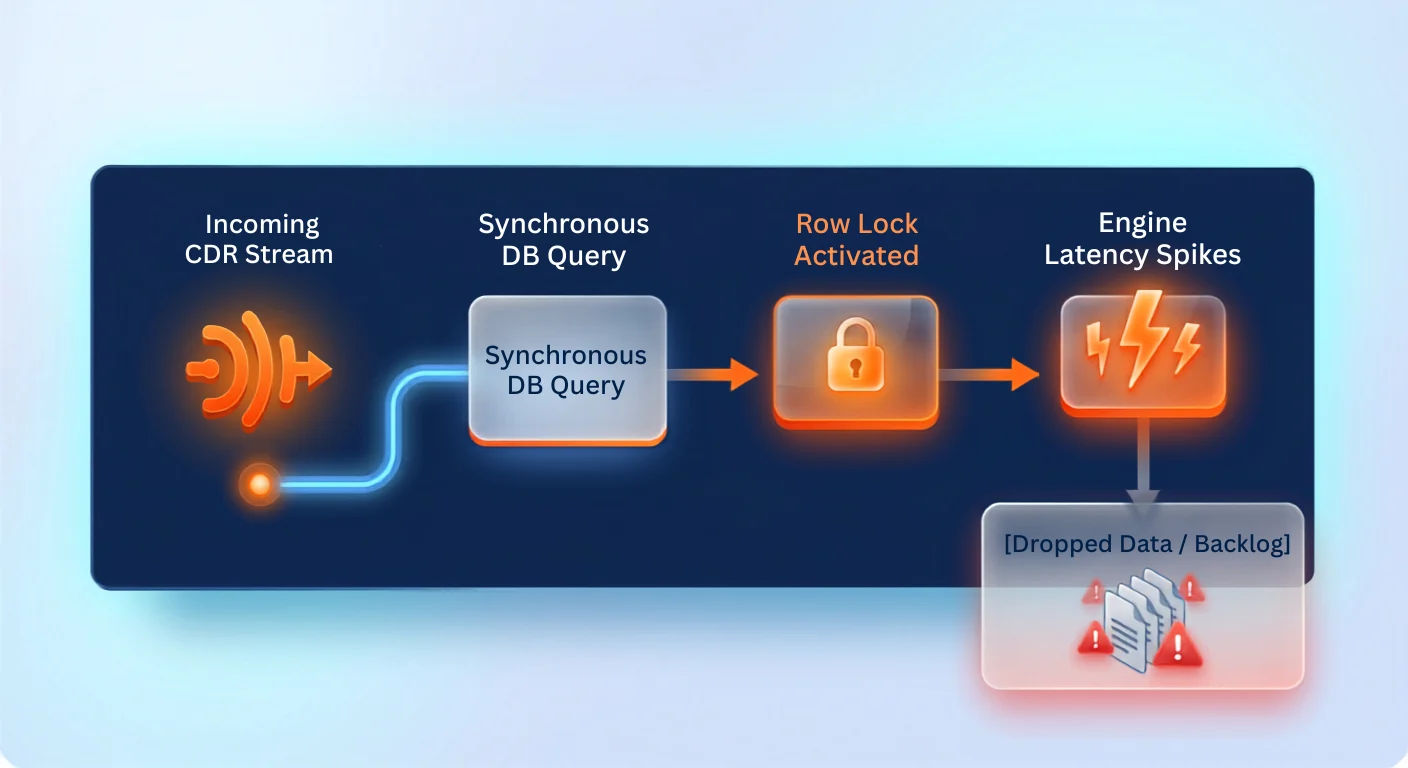 Diagram showing how synchronous database queries in traditional billing systems cause row locks, engine latency spikes, and dropped data backlogs during high CDR volume