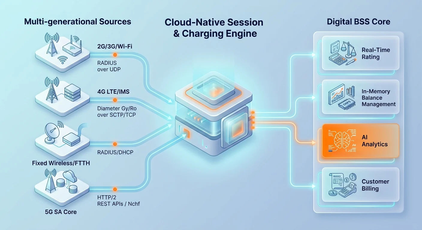 Cloud-native session and charging engine ingesting multi-generational sources (2G/3G/Wi-Fi RADIUS over UDP, 4G LTE/IMS Diameter Gy/Ro over SCTP/TCP, Fixed Wireless/FTTH RADIUS/DHCP, and 5G SA Core HTTP/2 REST APIs) into a digital BSS core with real-time rating, in-memory balance management, AI analytics, and customer billing