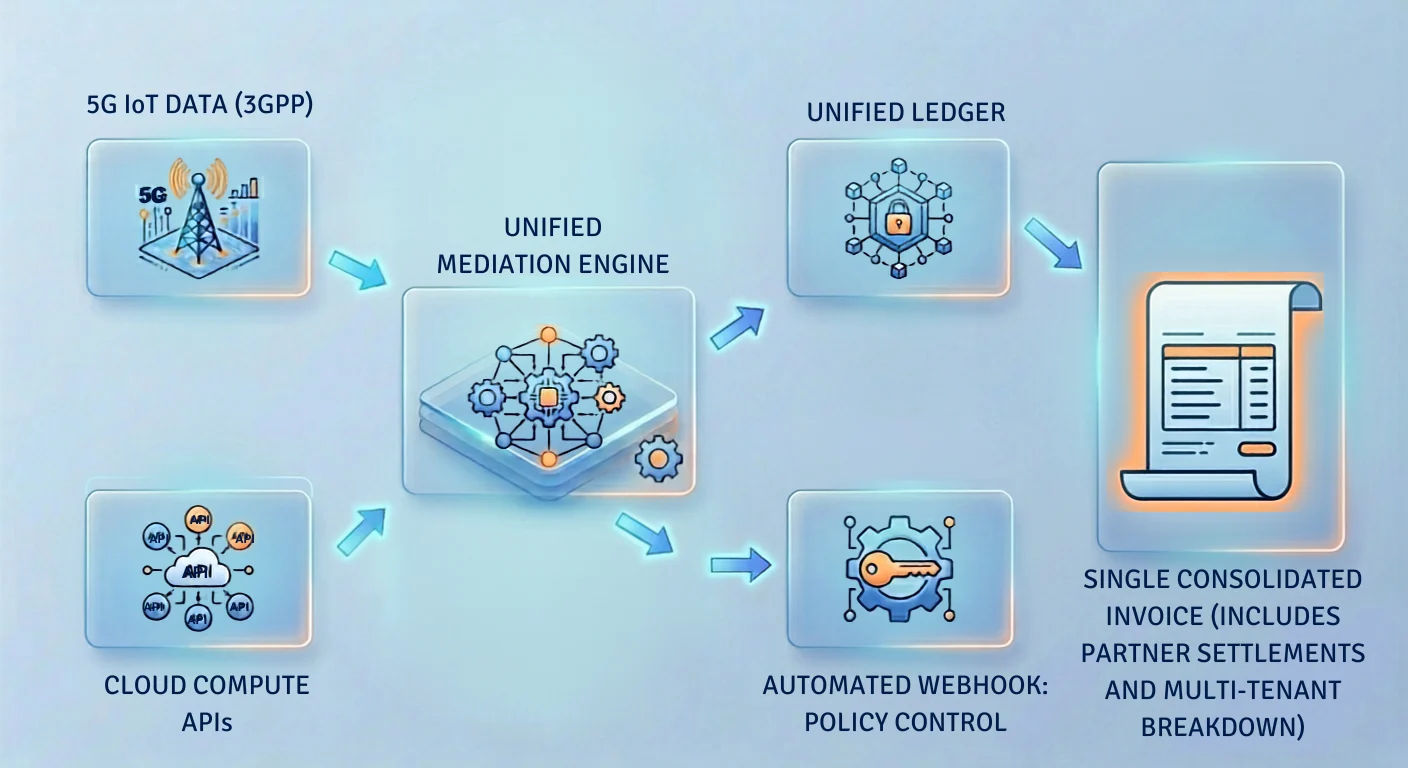 Converged hybrid billing workflow showing 5G IoT data and cloud compute APIs flowing through unified mediation engine into unified ledger, with automated webhook policy control producing single consolidated invoice including partner settlements and multi-tenant breakdown