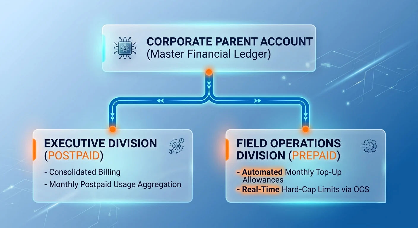 Corporate parent account acting as a master financial ledger branching into an executive division on postpaid and a field operations division on prepaid with real-time hard-cap limits via OCS