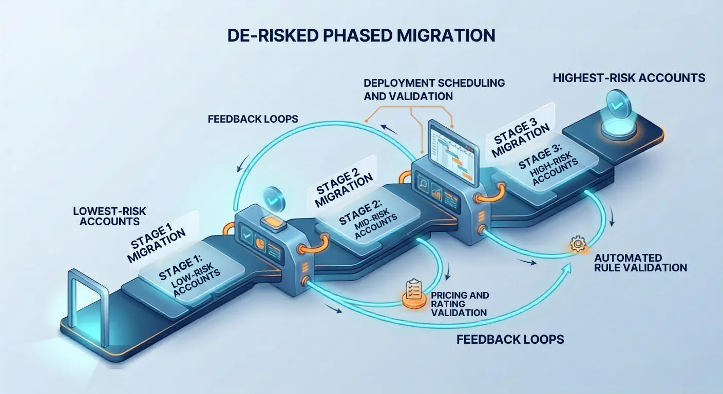 De-risked phased migration showing three stages from lowest-risk accounts through mid-risk to highest-risk accounts with deployment scheduling, validation, automated rule validation, pricing and rating validation, and feedback loops at each stage