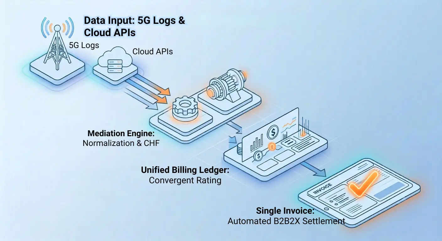 Converged hybrid billing workflow showing 5G logs and cloud APIs flowing through unified mediation engine with normalization and CHF, into unified billing ledger with convergent rating, producing single invoice with automated B2B2X settlement