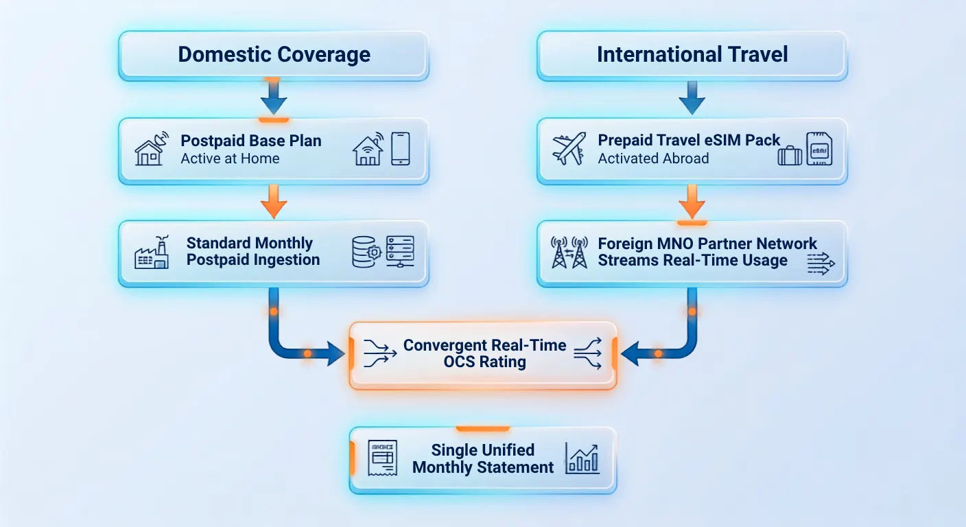 Flowchart showing domestic postpaid coverage and international prepaid travel eSIM usage both feeding a convergent real-time OCS rating engine that produces a single unified monthly statement