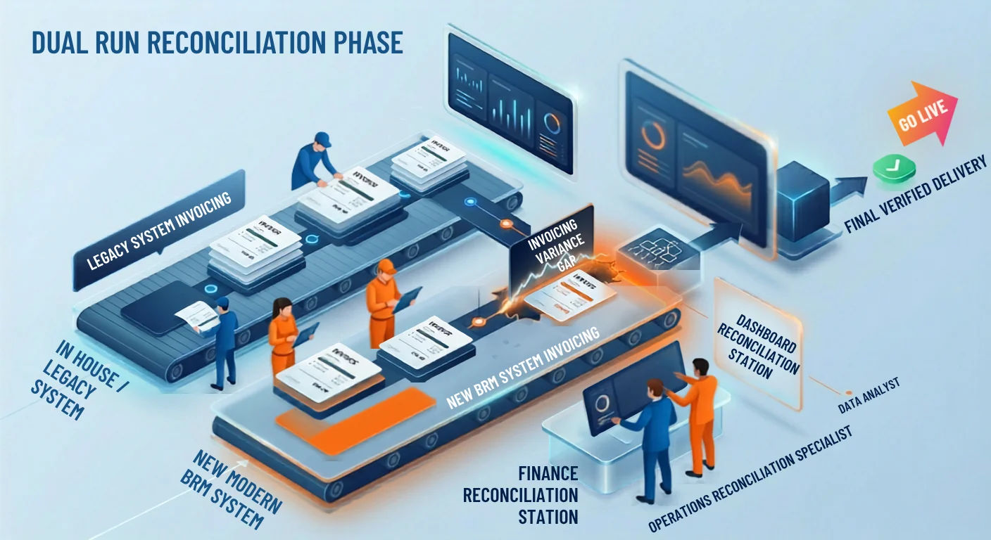 Dual run reconciliation phase showing legacy system invoicing and new modern BRM system invoicing running in parallel, with finance reconciliation station, dashboard reconciliation, invoicing variance checks, and final verified delivery to go-live