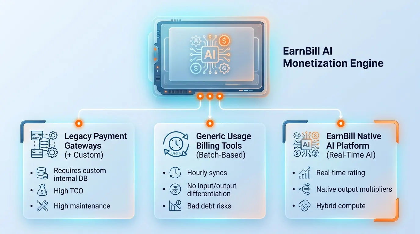 Comparison of the EarnBill AI monetization engine against legacy payment gateways and generic batch-based usage billing tools, highlighting real-time rating, native output multipliers, and hybrid compute support