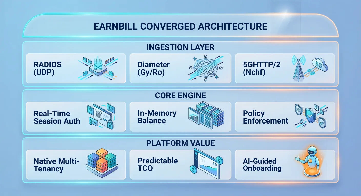 EarnBill converged architecture with an ingestion layer (RADIUS over UDP, Diameter Gy/Ro, 5G HTTP/2 Nchf), a core engine (real-time session auth, in-memory balance, policy enforcement), and platform value (native multi-tenancy, predictable TCO, AI-guided onboarding)