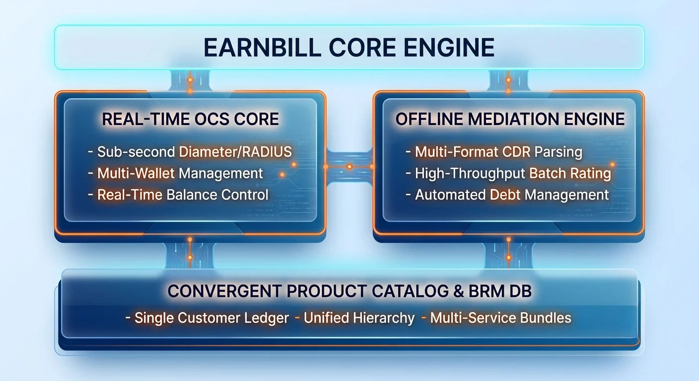 EarnBill core engine architecture showing a real-time OCS core and offline mediation engine sitting on top of a single convergent product catalog and BRM database with a unified customer ledger