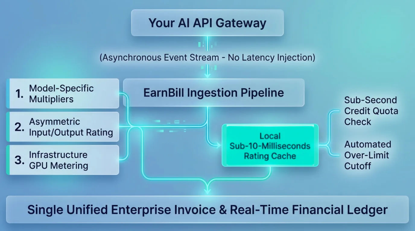 EarnBill ingestion pipeline diagram showing an AI API gateway streaming events asynchronously with no latency injection through model-specific multipliers, asymmetric input/output rating, and GPU metering into a single unified enterprise invoice and real-time ledger