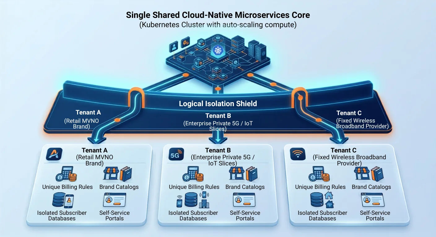 EarnBill native multi-tenant architecture with a single shared cloud-native microservices core on Kubernetes and a logical isolation shield separating Tenant A (retail MVNO brand), Tenant B (enterprise private 5G/IoT slices), and Tenant C (fixed wireless broadband provider), each with unique billing rules, brand catalogs, isolated subscriber databases, and self-service portals