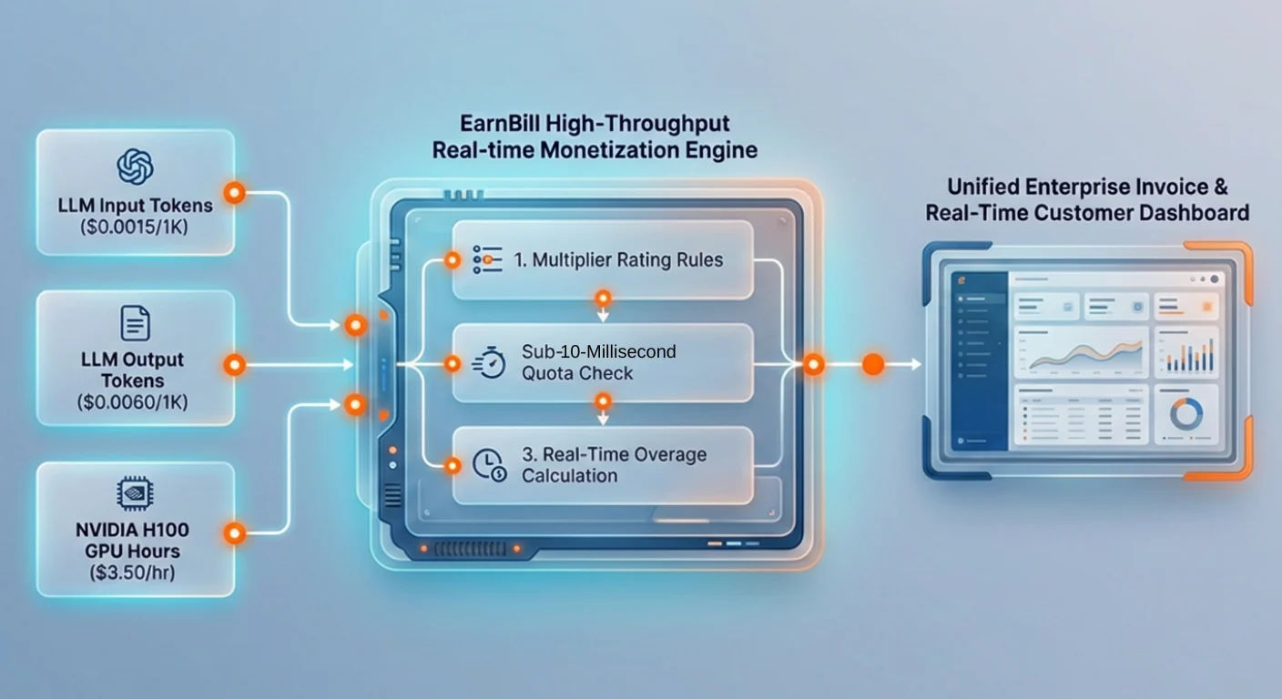 EarnBill high-throughput real-time monetization engine rating LLM input tokens at $0.0015/1K, output tokens at $0.0060/1K, and NVIDIA H100 GPU hours at $3.50/hr through multiplier rules, a sub-10-millisecond quota check, and real-time overage calculation into a unified enterprise invoice and customer dashboard
