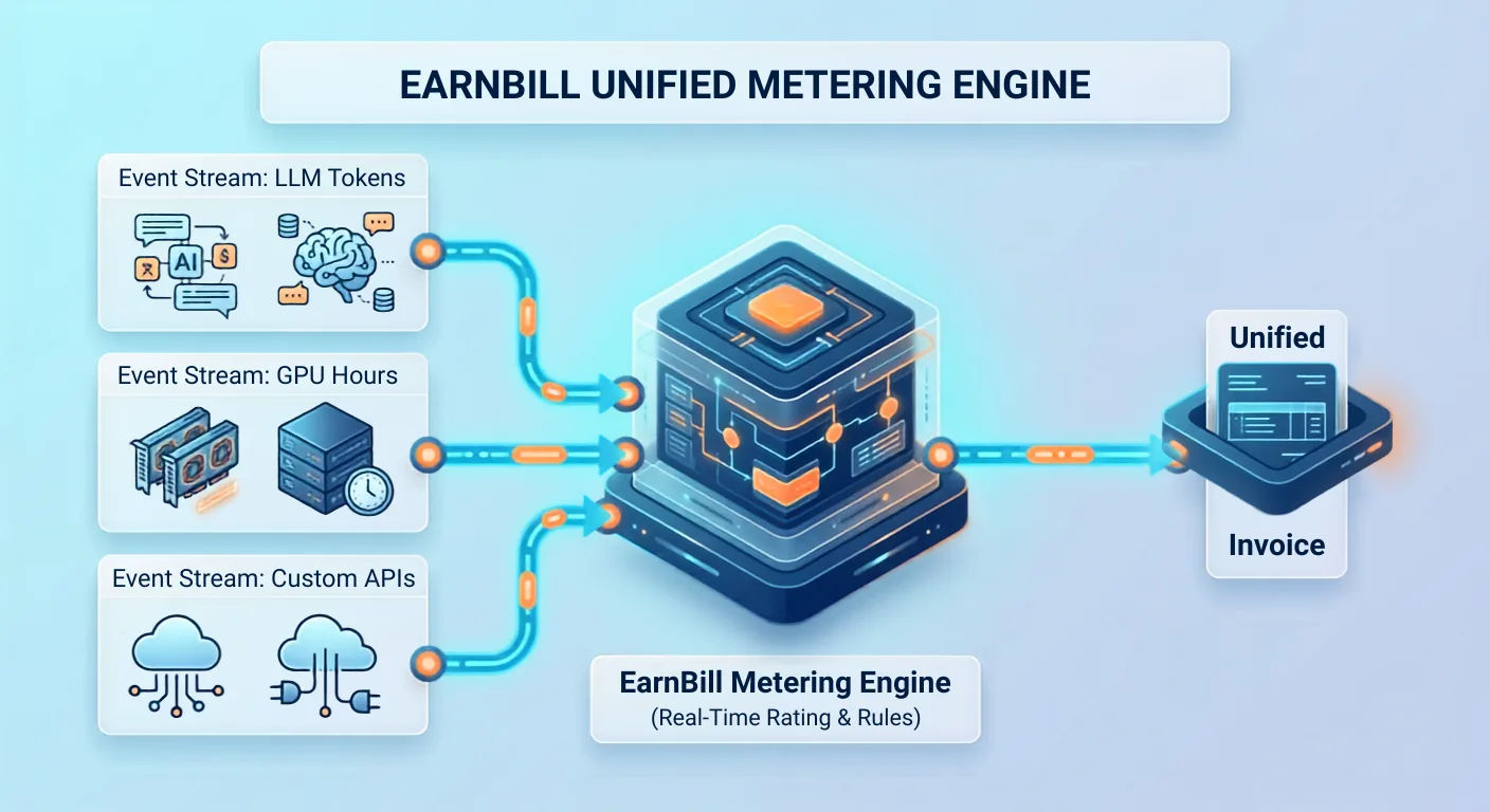 EarnBill unified metering engine diagram ingesting three event streams (LLM tokens, GPU hours, and custom APIs) into a single real-time rating and rules engine that produces one unified invoice
