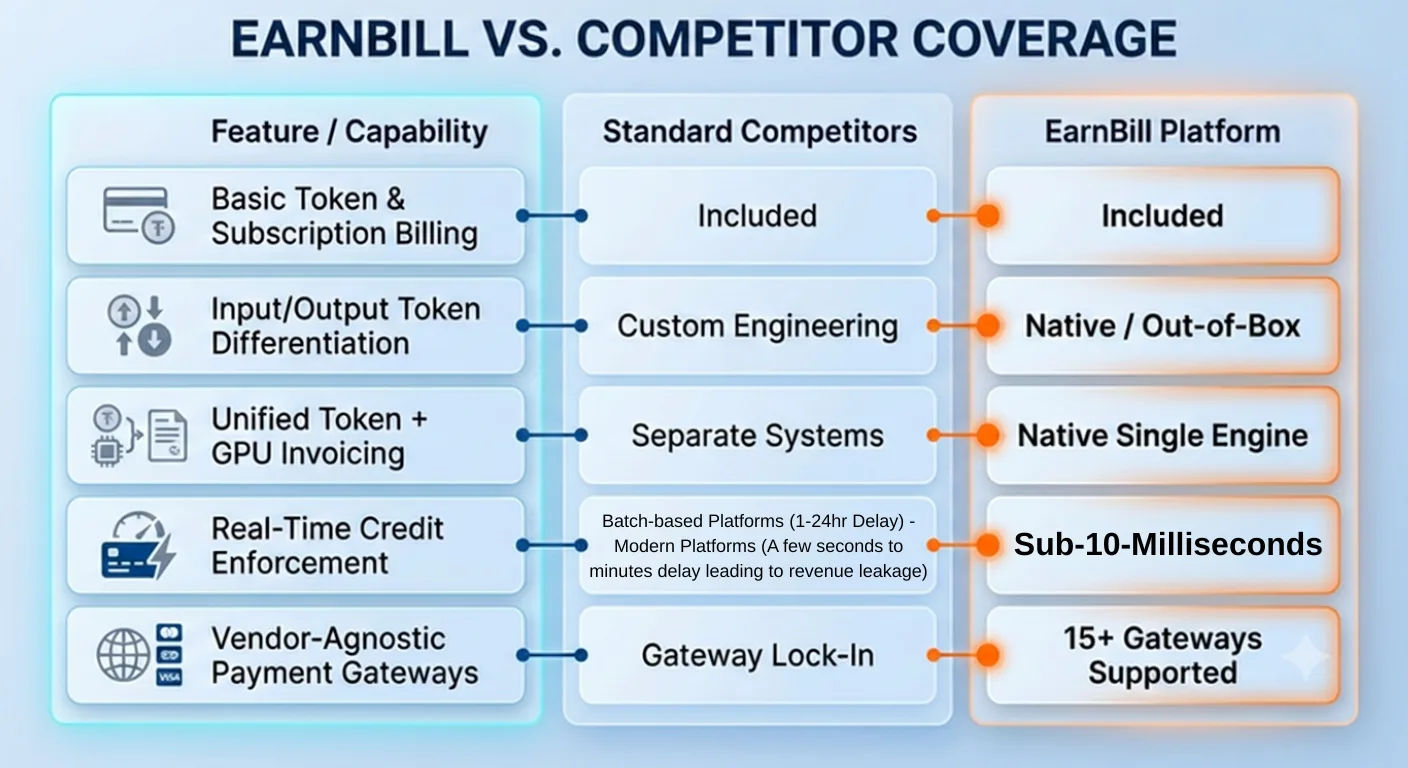 Coverage comparison table showing EarnBill offering native input/output token differentiation, a native single-engine token plus GPU invoice, sub-10-millisecond real-time credit enforcement, and 15-plus supported payment gateways versus standard billing tools