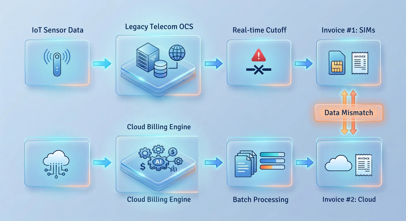 Fragmented billing workflow showing IoT sensor data going through legacy telecom OCS to produce Invoice #1 for SIMs, while cloud billing engine processes through batch processing to produce Invoice #2 for cloud, with data mismatch between the two systems
