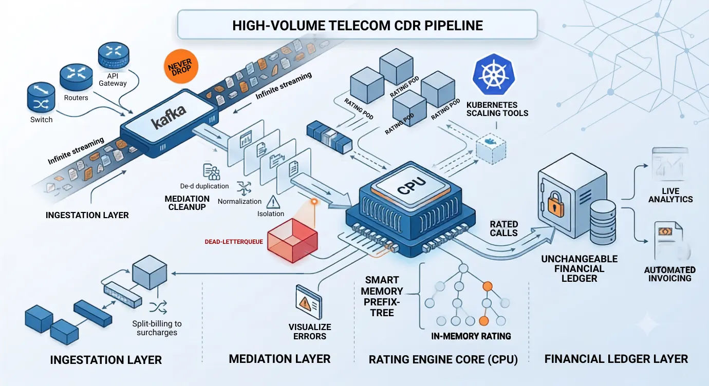 High-volume telecom CDR pipeline architecture diagram showing ingestion, mediation, in-memory rating engine core, and financial ledger layers for processing 100M+ events daily