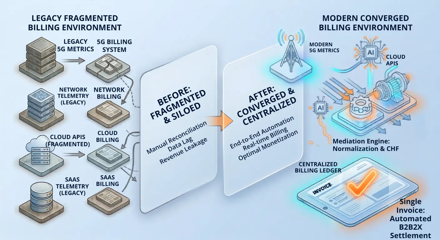 Legacy fragmented billing environment with siloed 5G, network, cloud, and SaaS billing versus modern converged billing environment with unified mediation engine, centralized billing ledger, and single consolidated invoice