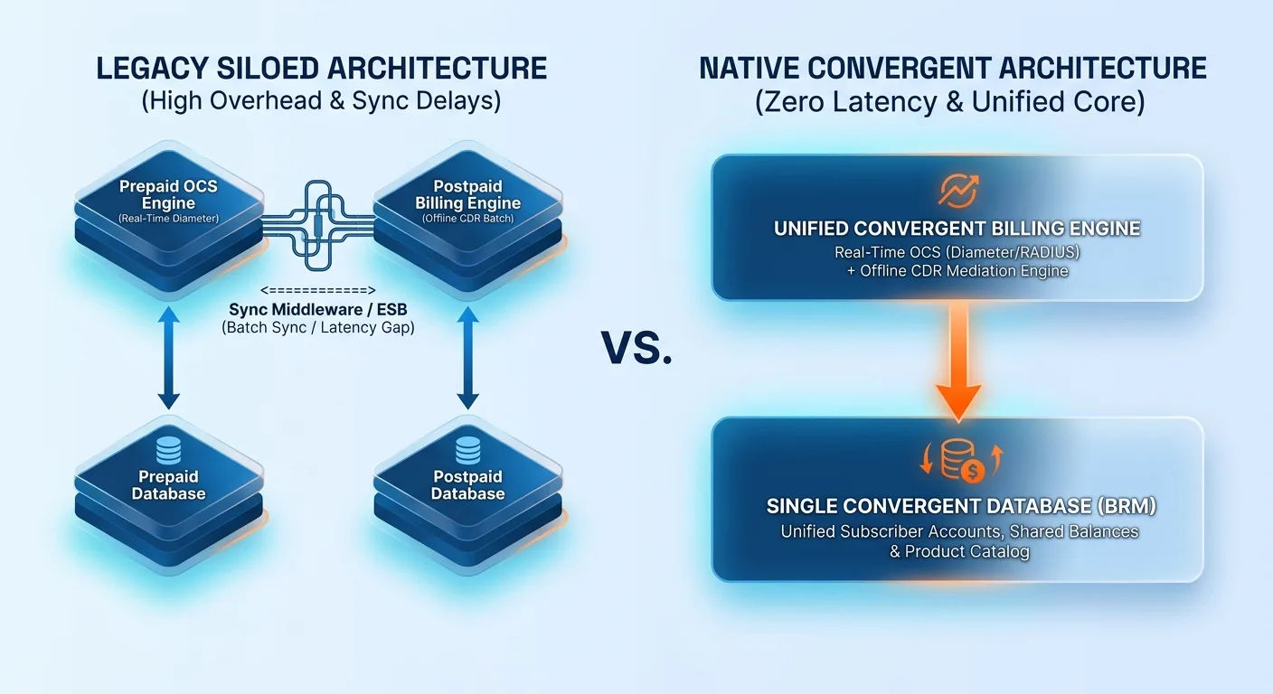 Side-by-side comparison of a legacy siloed MVNO billing architecture with separate prepaid OCS and postpaid engines synced by middleware versus a native convergent architecture with a unified billing engine and single database
