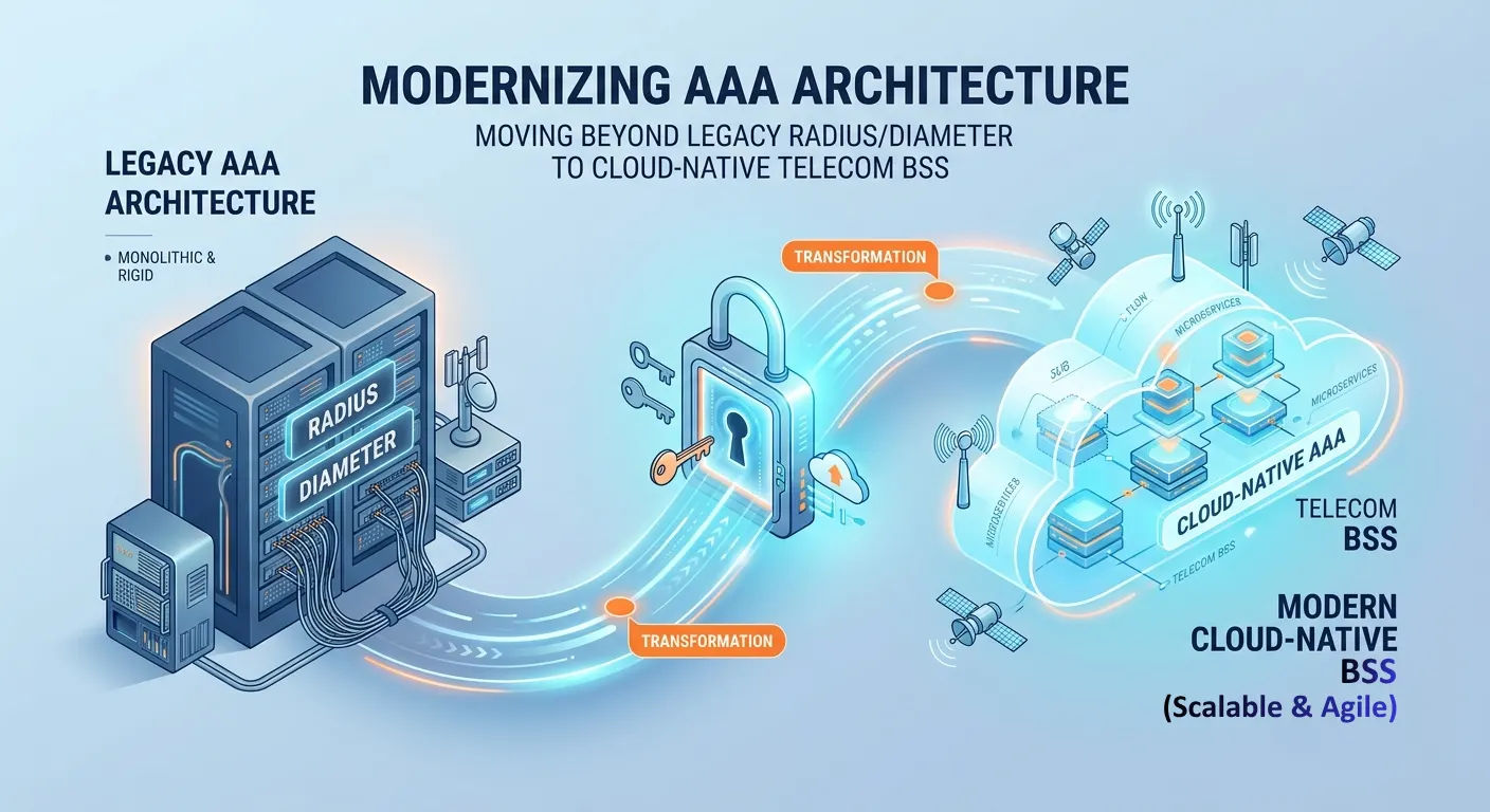 Legacy monolithic RADIUS/Diameter AAA architecture transforming into a modern, scalable, agile cloud-native telecom BSS with microservices