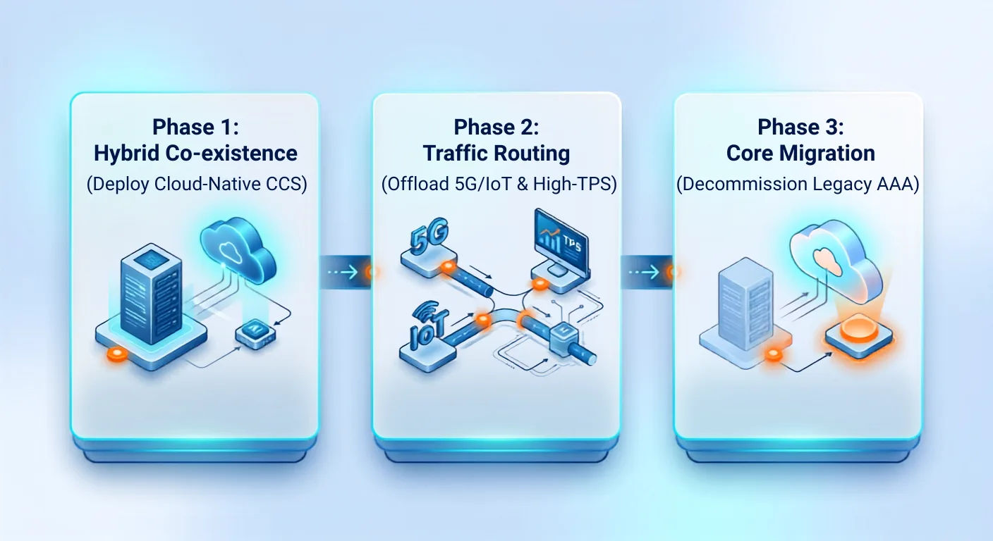 Three-phase migration: Phase 1 Hybrid Co-existence (deploy cloud-native CCS), Phase 2 Traffic Routing (offload 5G/IoT and high-TPS), and Phase 3 Core Migration (decommission legacy AAA)