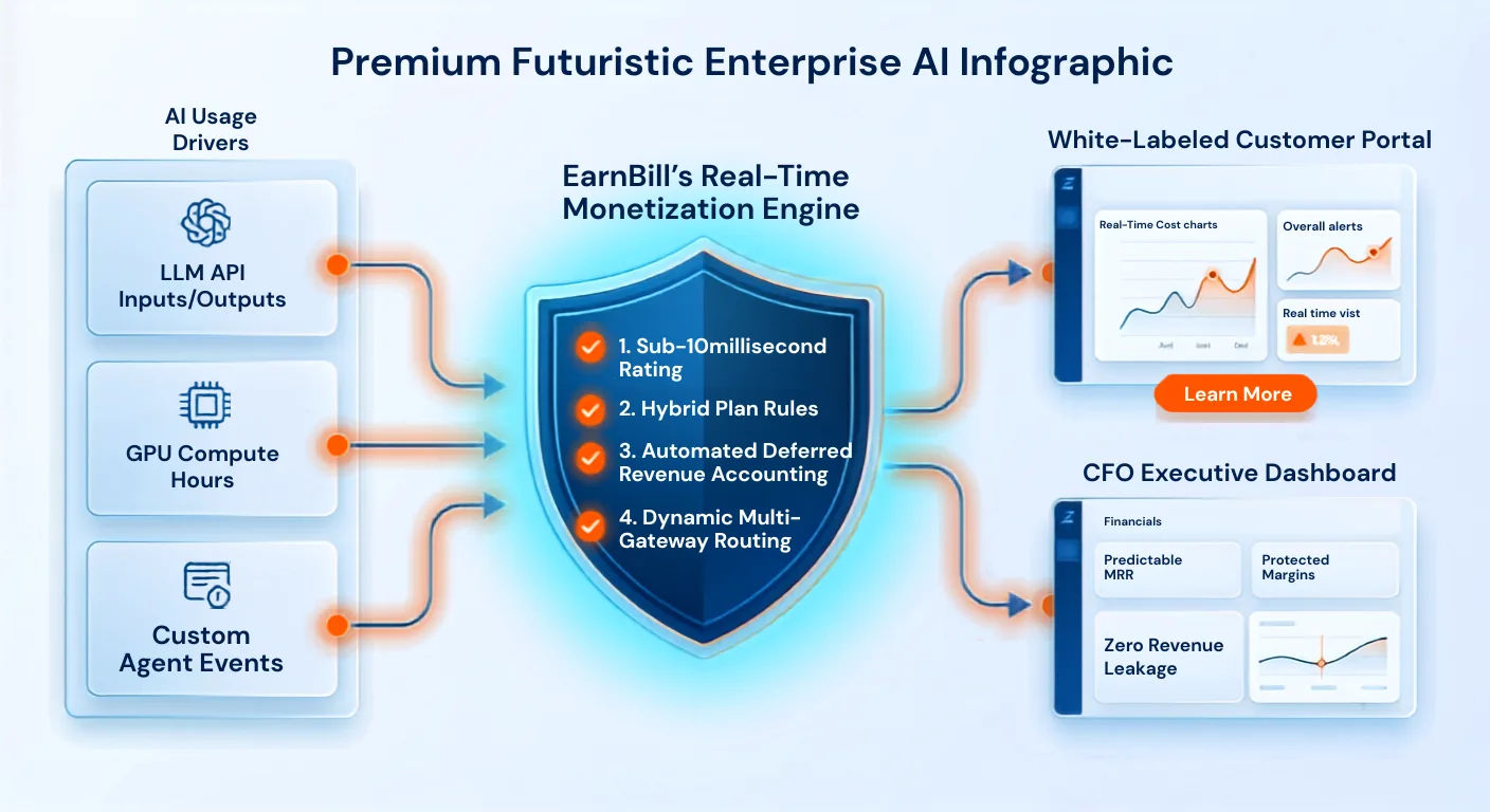 Enterprise AI monetization infographic: LLM input/output, GPU compute hours, and custom agent events feed EarnBill's real-time metering engine, which delivers sub-10ms rating, hybrid plan rules, automated deferred-revenue accounting, and dynamic multi-gateway routing into a white-labeled customer portal and a CFO executive dashboard