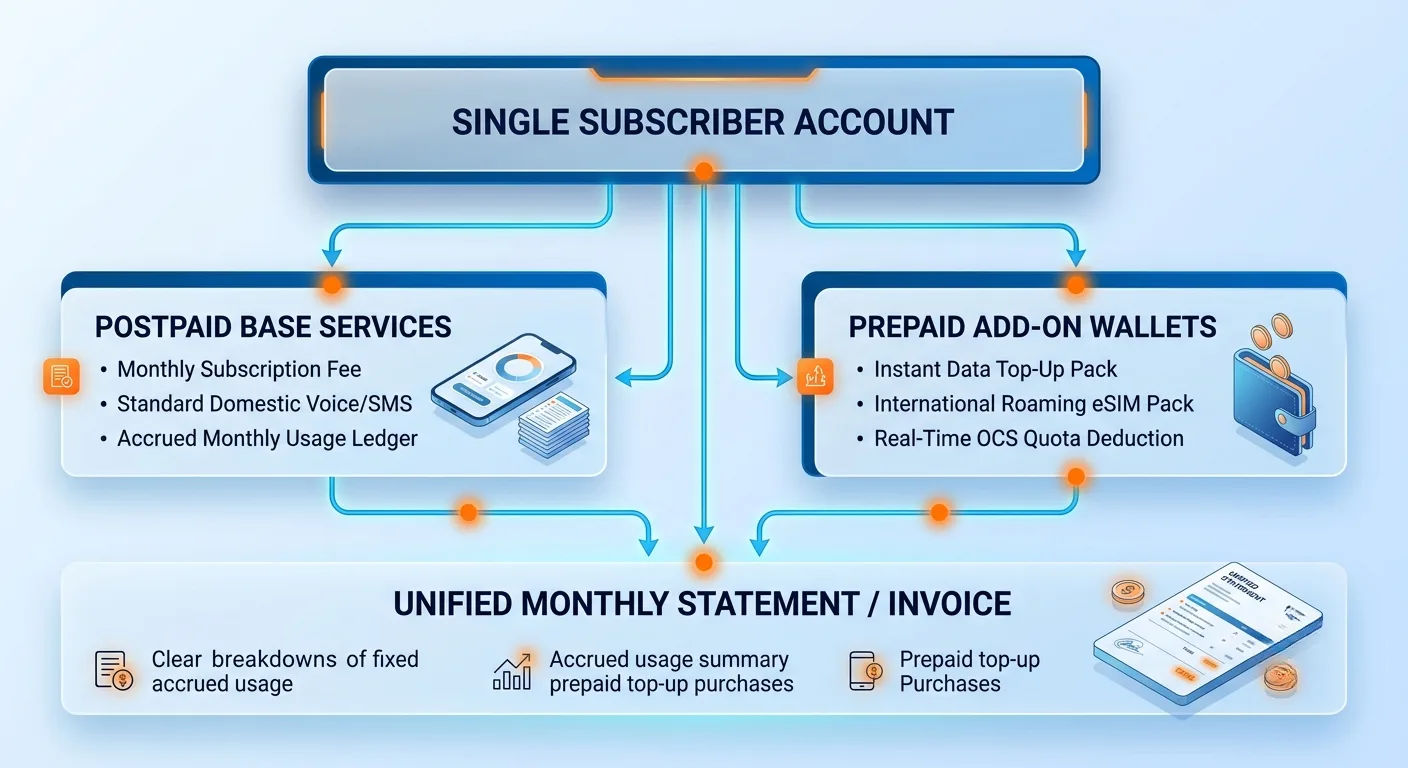 Single subscriber account diagram showing postpaid base services and prepaid add-on wallets feeding into one unified monthly statement with real-time OCS quota deduction