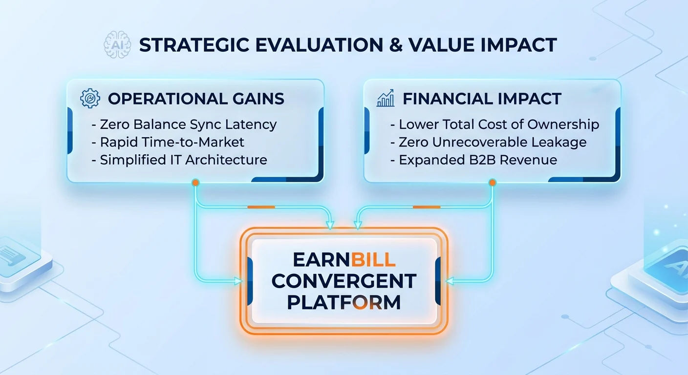 Strategic evaluation and value impact diagram mapping operational gains such as zero balance sync latency and rapid time-to-market and financial impact such as lower TCO and expanded B2B revenue to the EarnBill convergent platform