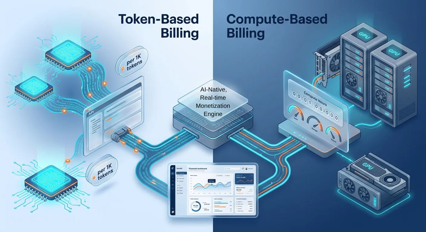 Split infographic contrasting token-based billing (per 1K tokens) with compute-based billing (GPU hours) feeding a single AI-native, real-time monetization engine and financial dashboard