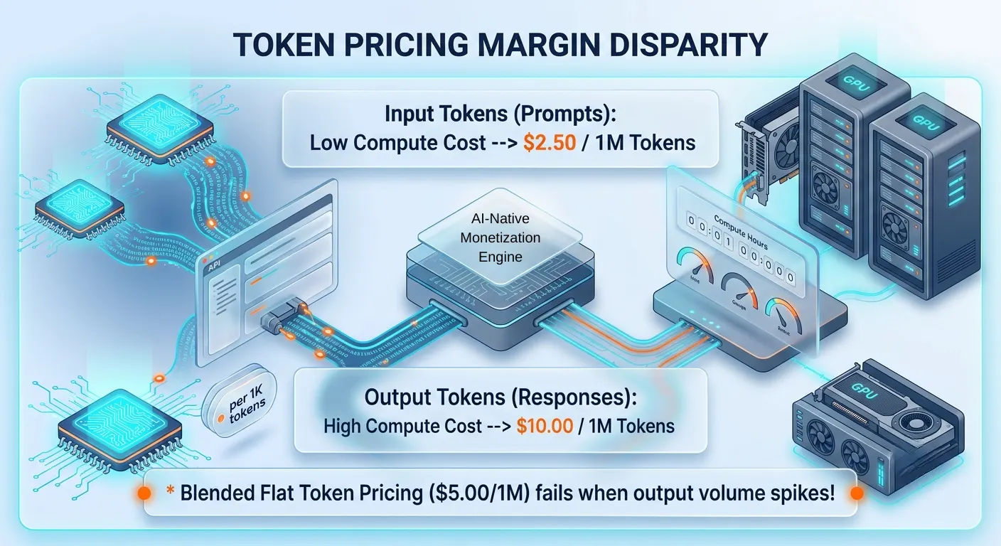Token pricing margin disparity diagram showing input tokens at $2.50 per 1M and output tokens at $10.00 per 1M, illustrating why a blended flat token price of $5.00 per 1M fails when output volume spikes