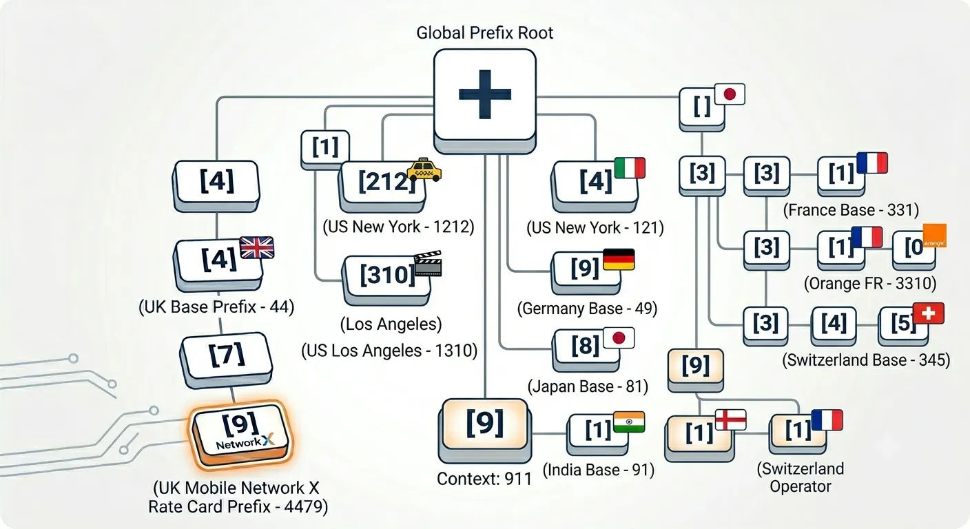 Global prefix tree (trie) structure for telecom rating engine showing international country code branches for UK, US, Germany, France, Japan, India, and Switzerland with mobile network operator rate card lookups