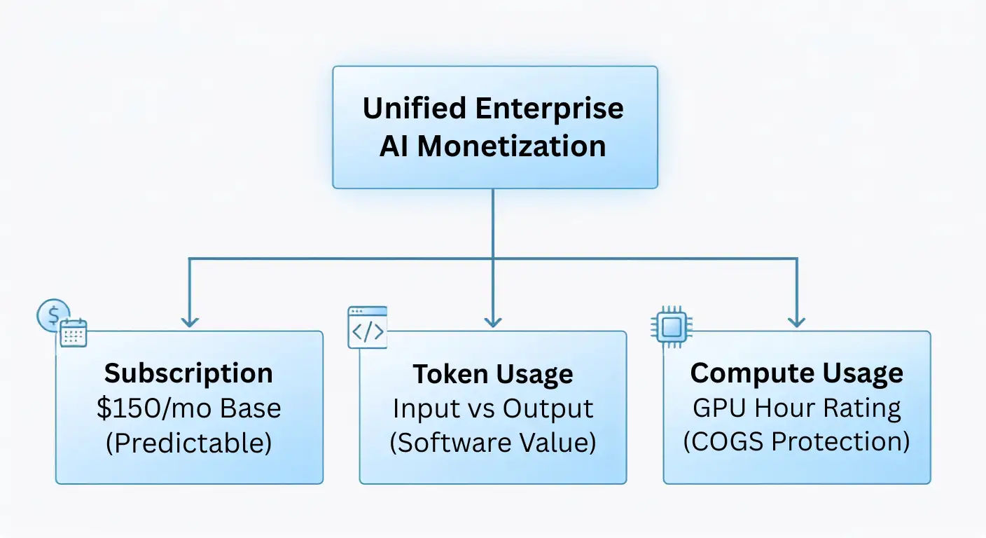Unified Enterprise AI Monetization diagram branching into three axes: a predictable $150/month subscription base, input-versus-output token usage for software value, and GPU hour rating for COGS protection