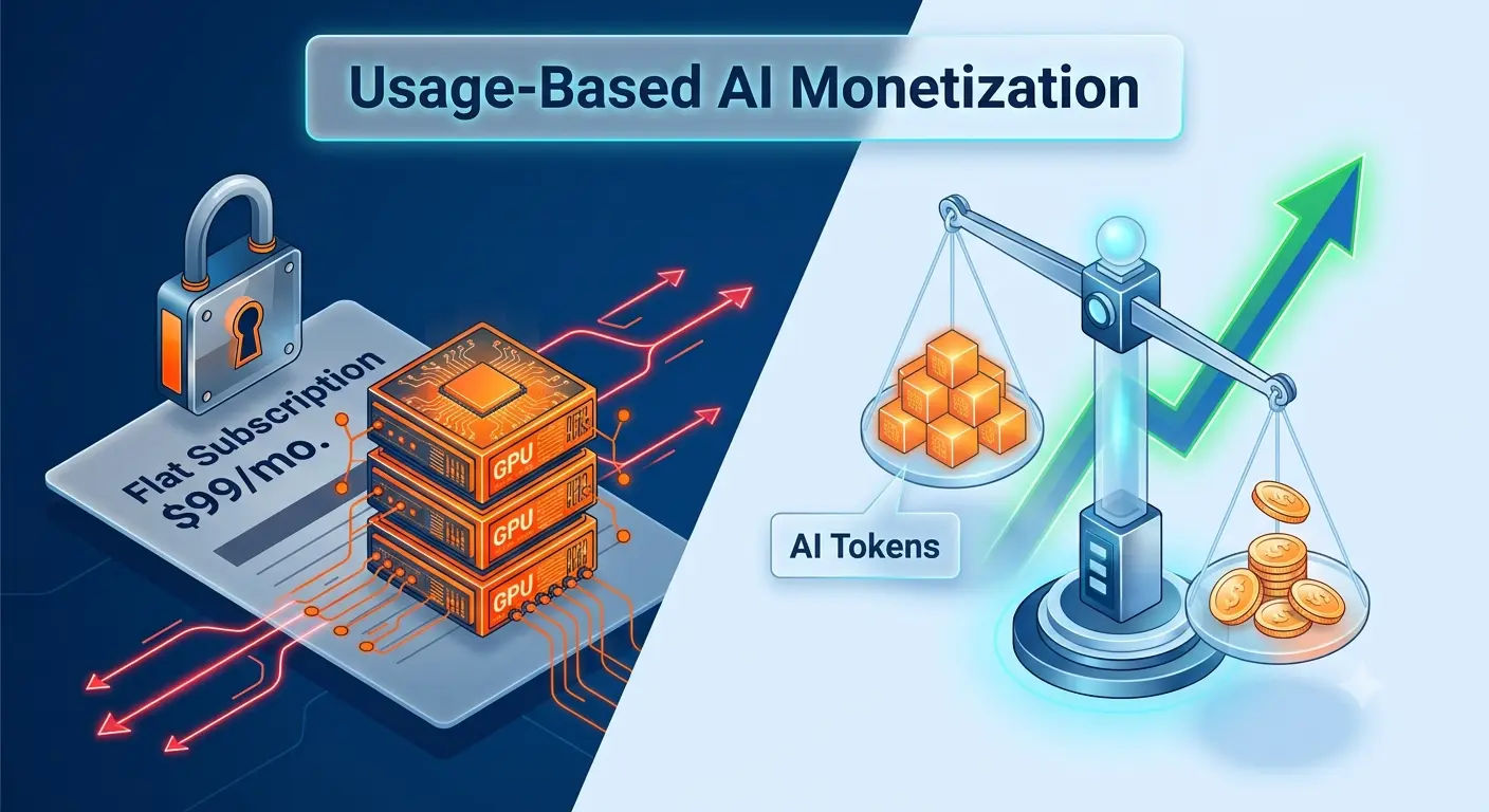 Split illustration contrasting a flat $99/month AI subscription that leaks margin against a usage-based AI monetization model that balances AI tokens and revenue on a scale