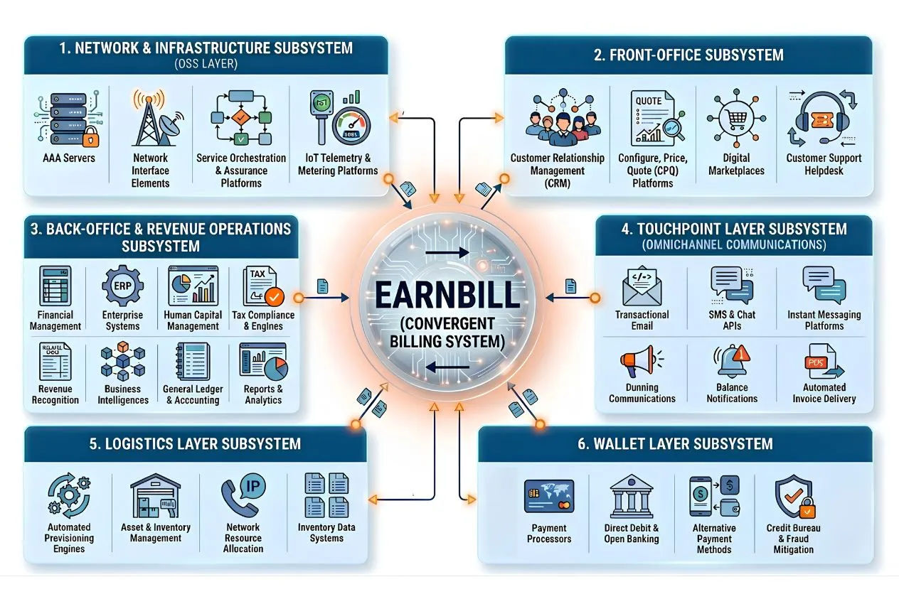 EarnBill convergent billing system at the center, connected to six subsystems: Network & Infrastructure (OSS Layer), Front-Office, Back-Office & Revenue Operations, Touchpoint Layer (Omnichannel Communications), Logistics Layer, and Wallet Layer.