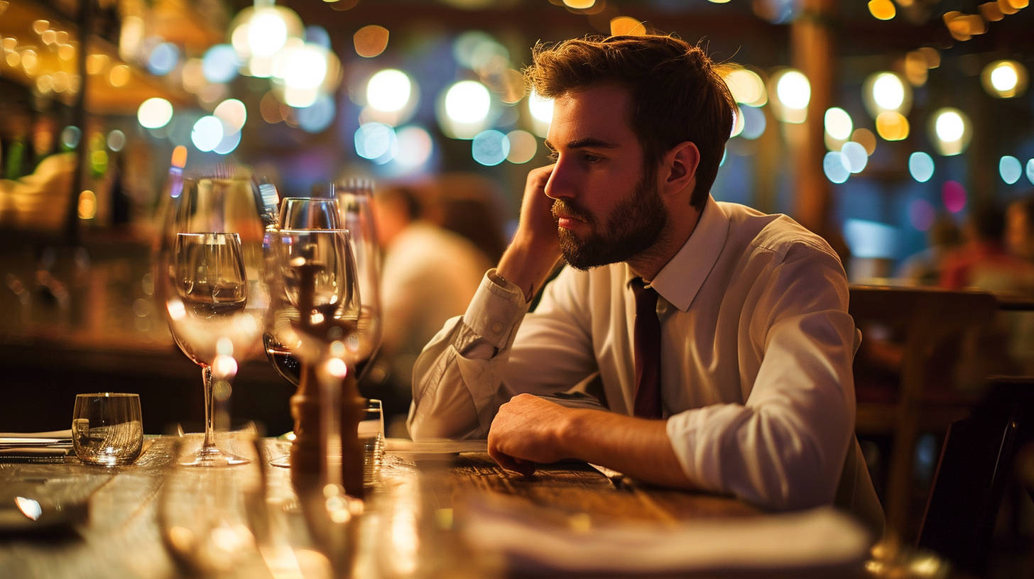 Putting his hand under his jaw, a young man with a T-shirt sits near the restaurant table and is thinking.