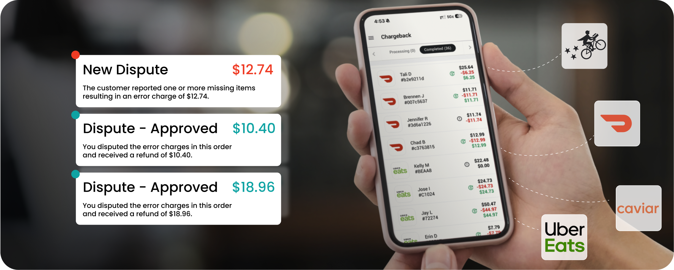 A mobile phone on a person's hand and logos of DoorDash, Caviar, UberEats and Postmates.