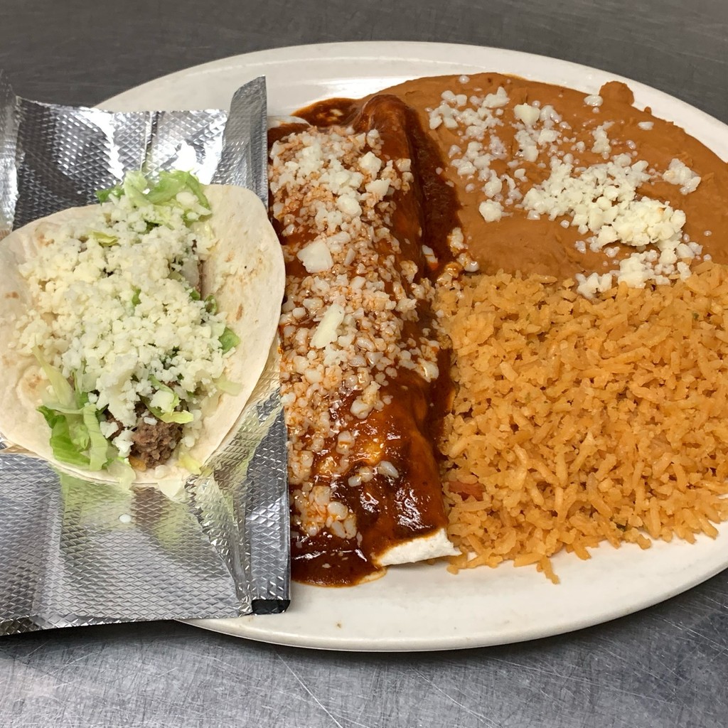 Image-2. One Enchilada and One Taco with Rice & Beans
