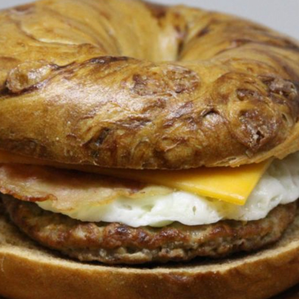 Image-Sandwich: French Toast Bagel with Sausage, Bacon, Egg, & Cheese