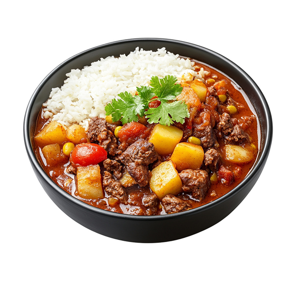Image-Carne con Papa: Rice, Beans, Salad.
